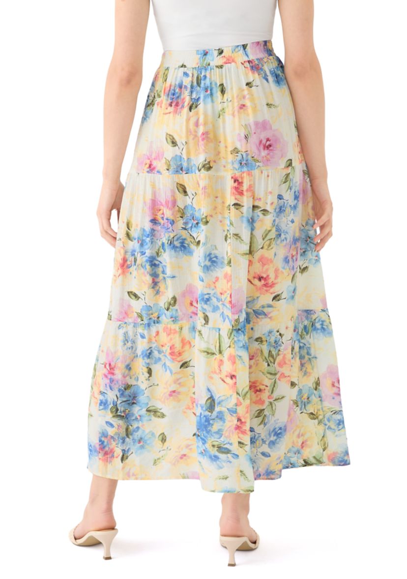 Womens Printed Tiered Maxi Skirt with Slit