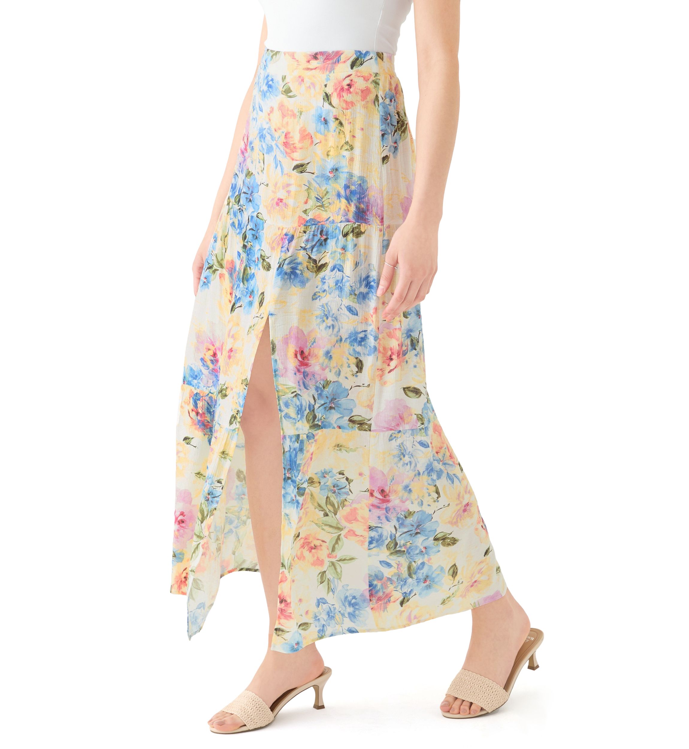 Womens Printed Tiered Maxi Skirt with Slit