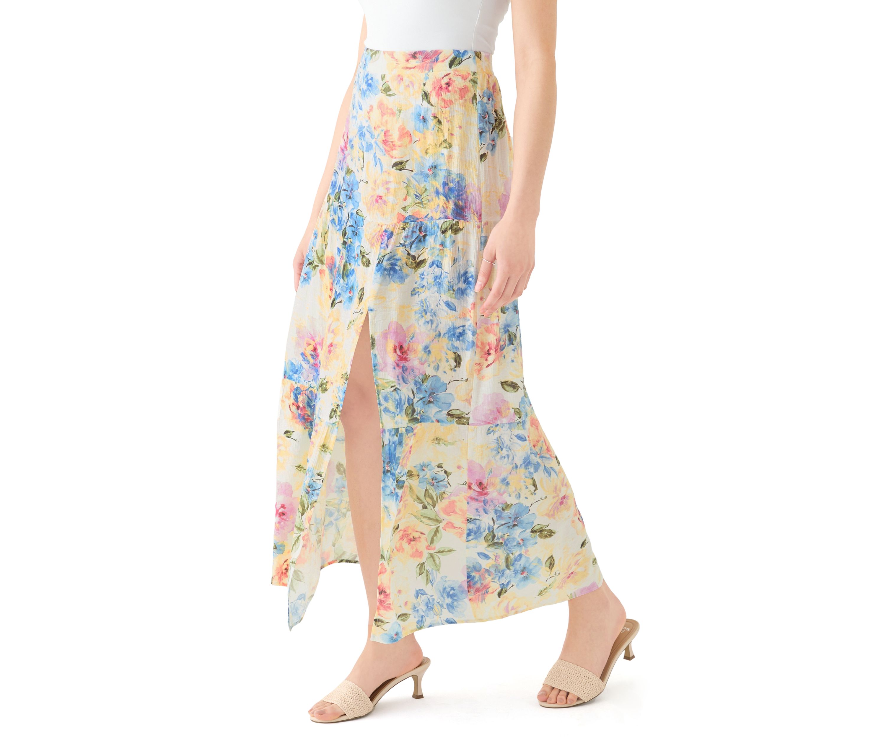 Womens Printed Tiered Maxi Skirt with Slit