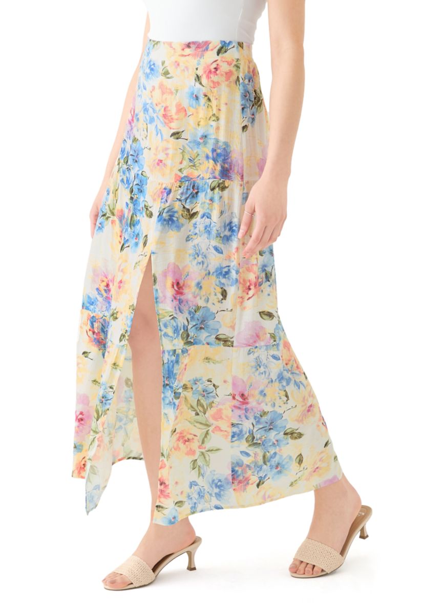 Womens Printed Tiered Maxi Skirt with Slit
