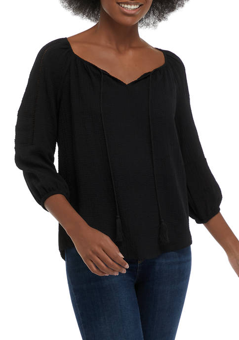 A. Byer Juniors Puckered Woven Peasant Top