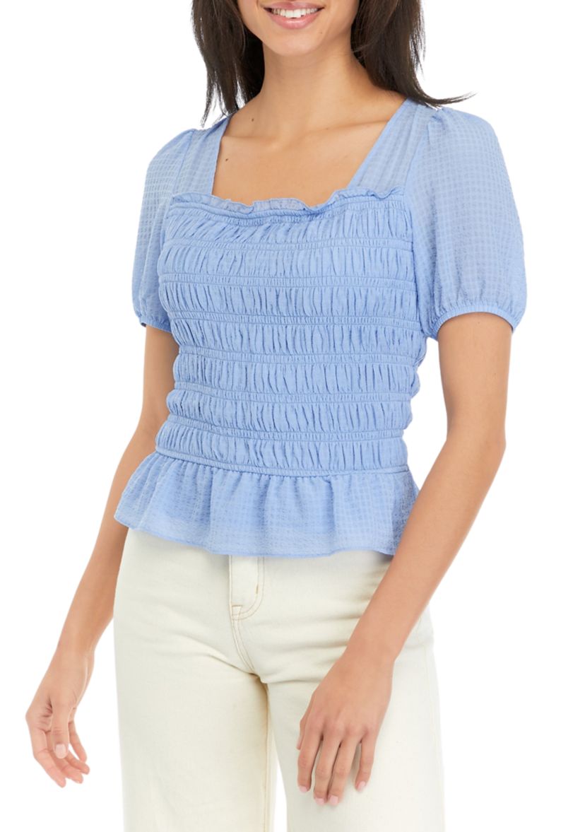Juniors Short Sleeve Smocked Top