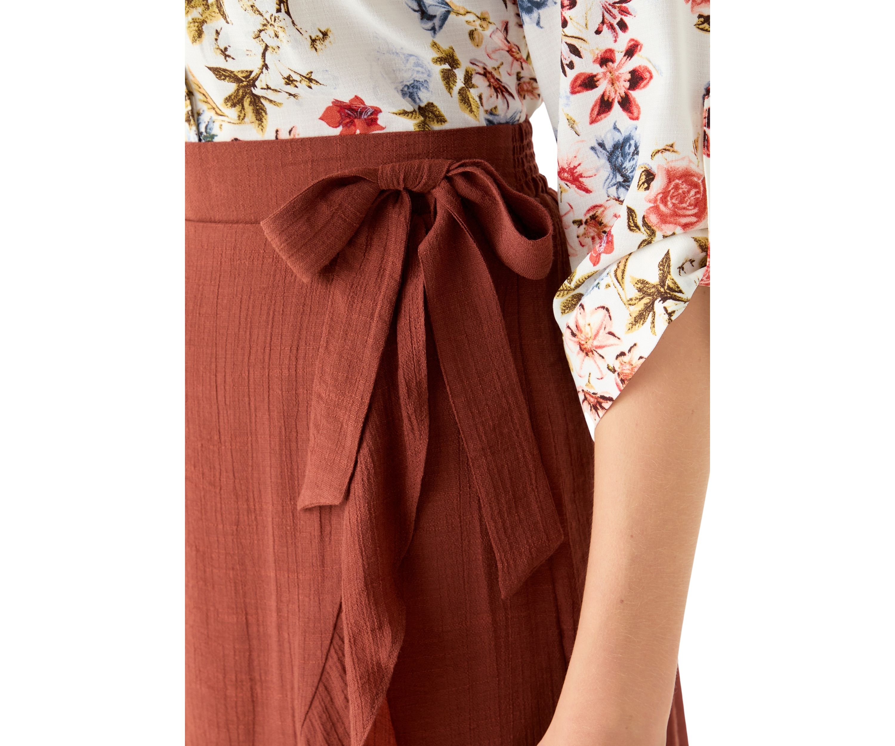 Juniors Bow Accent Wrap Midi Skirt 