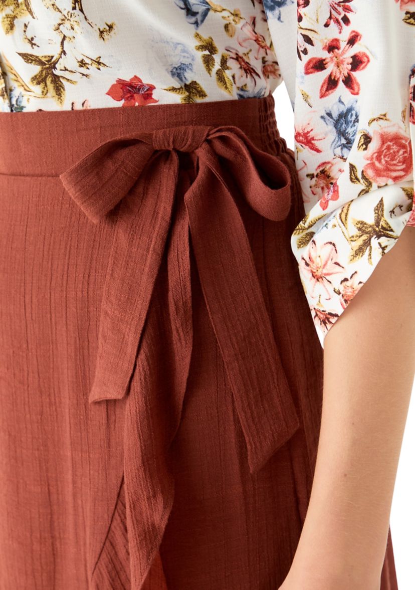 Juniors Bow Accent Wrap Midi Skirt 