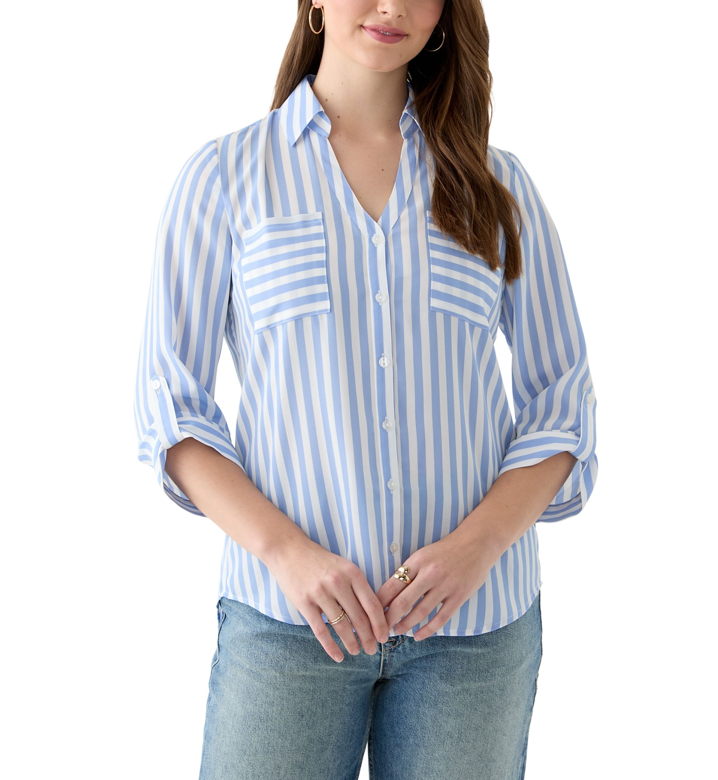 Womens 3/4 Sleeve Stripe Woven Shirt