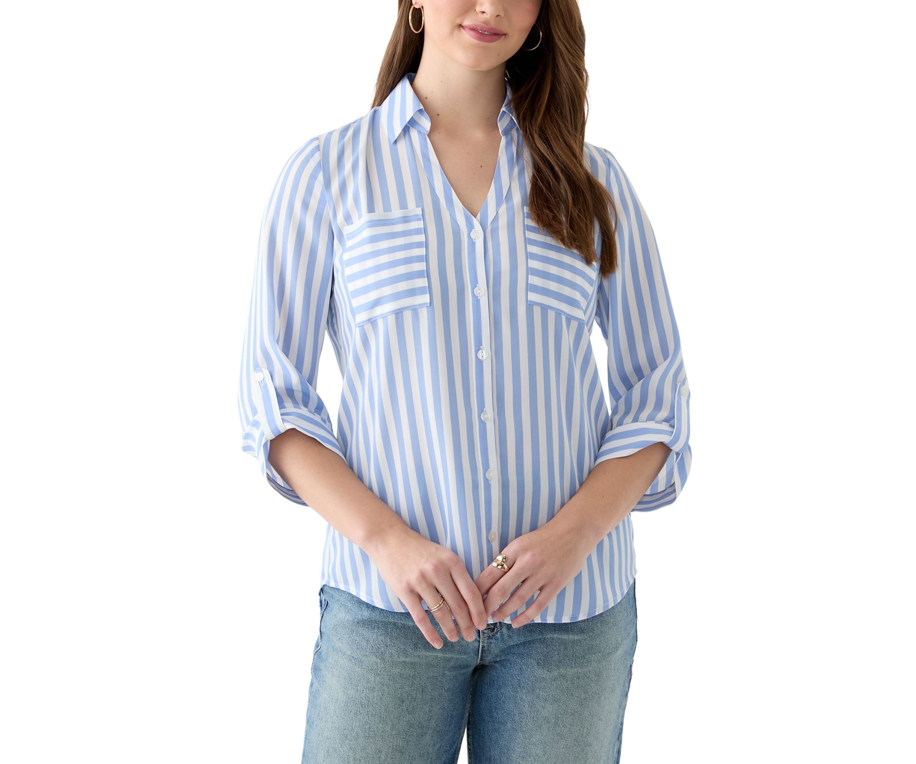 Juniors 3/4 Sleeve Stripe Woven Shirt