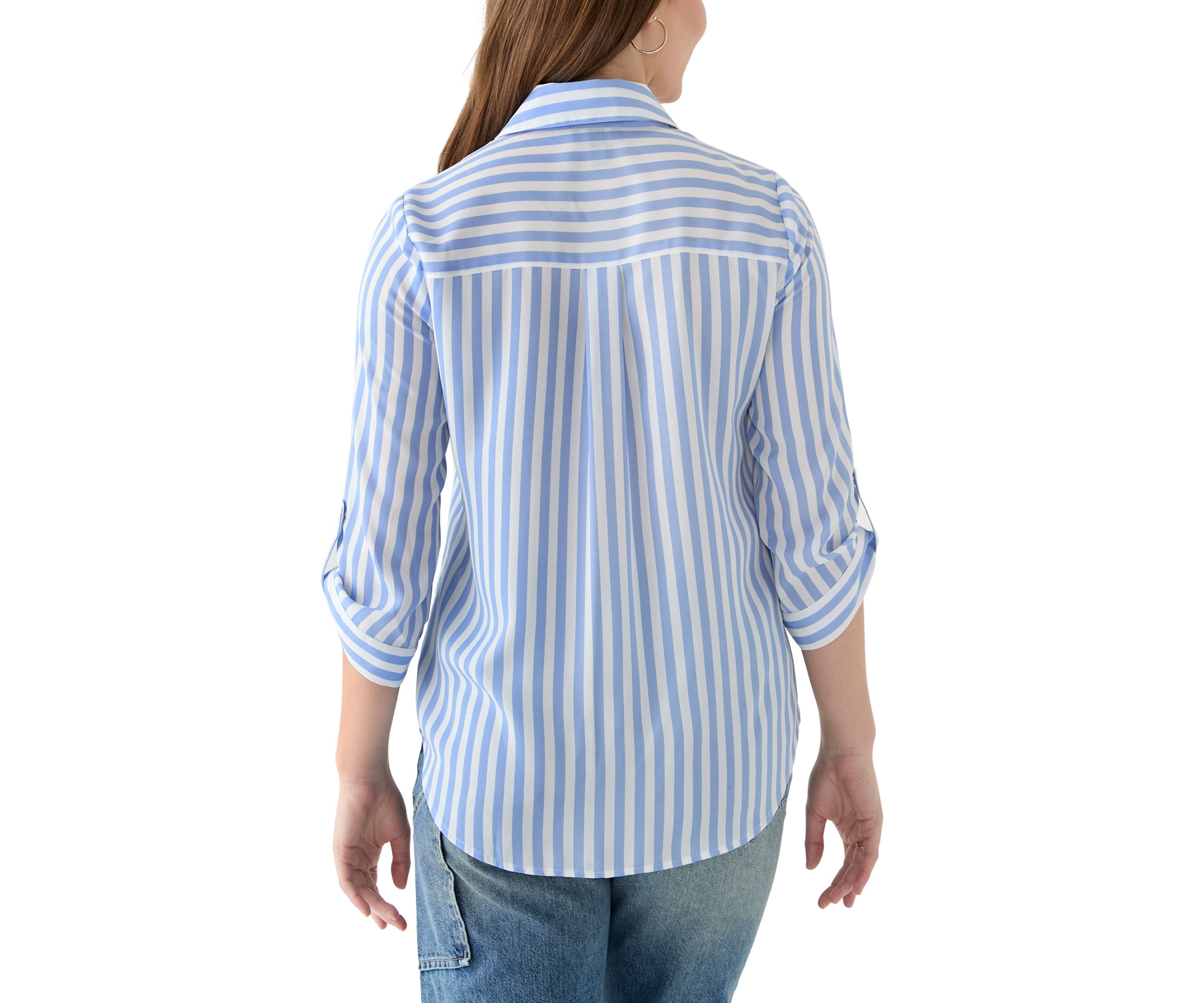Juniors 3/4 Sleeve Stripe Woven Shirt