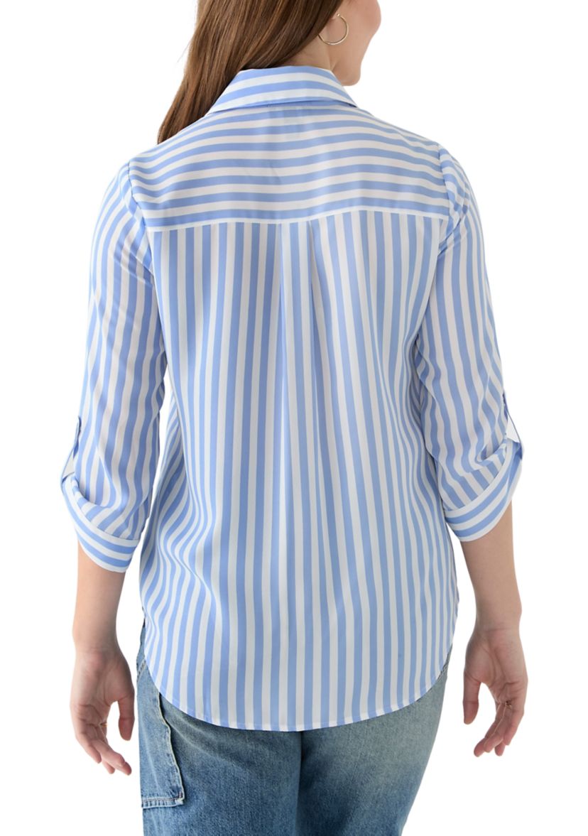 Juniors 3/4 Sleeve Stripe Woven Shirt