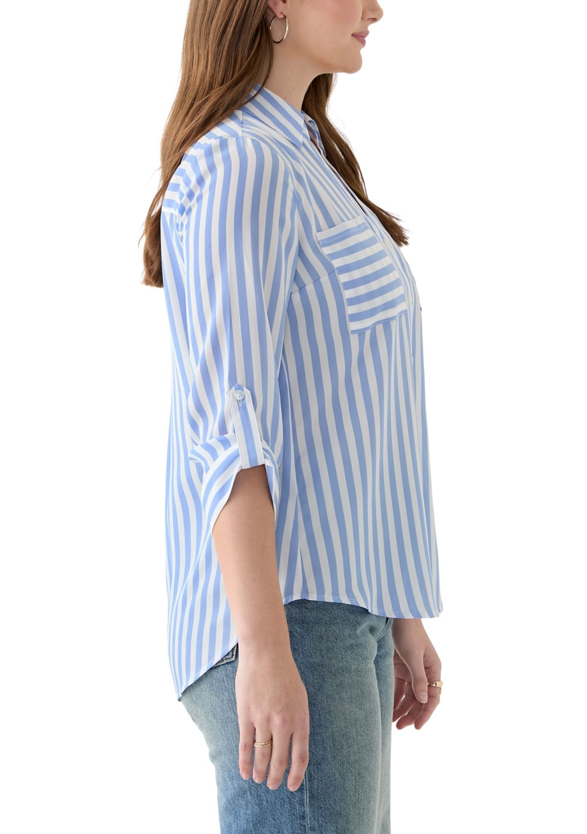 Womens 3/4 Sleeve Stripe Woven Shirt