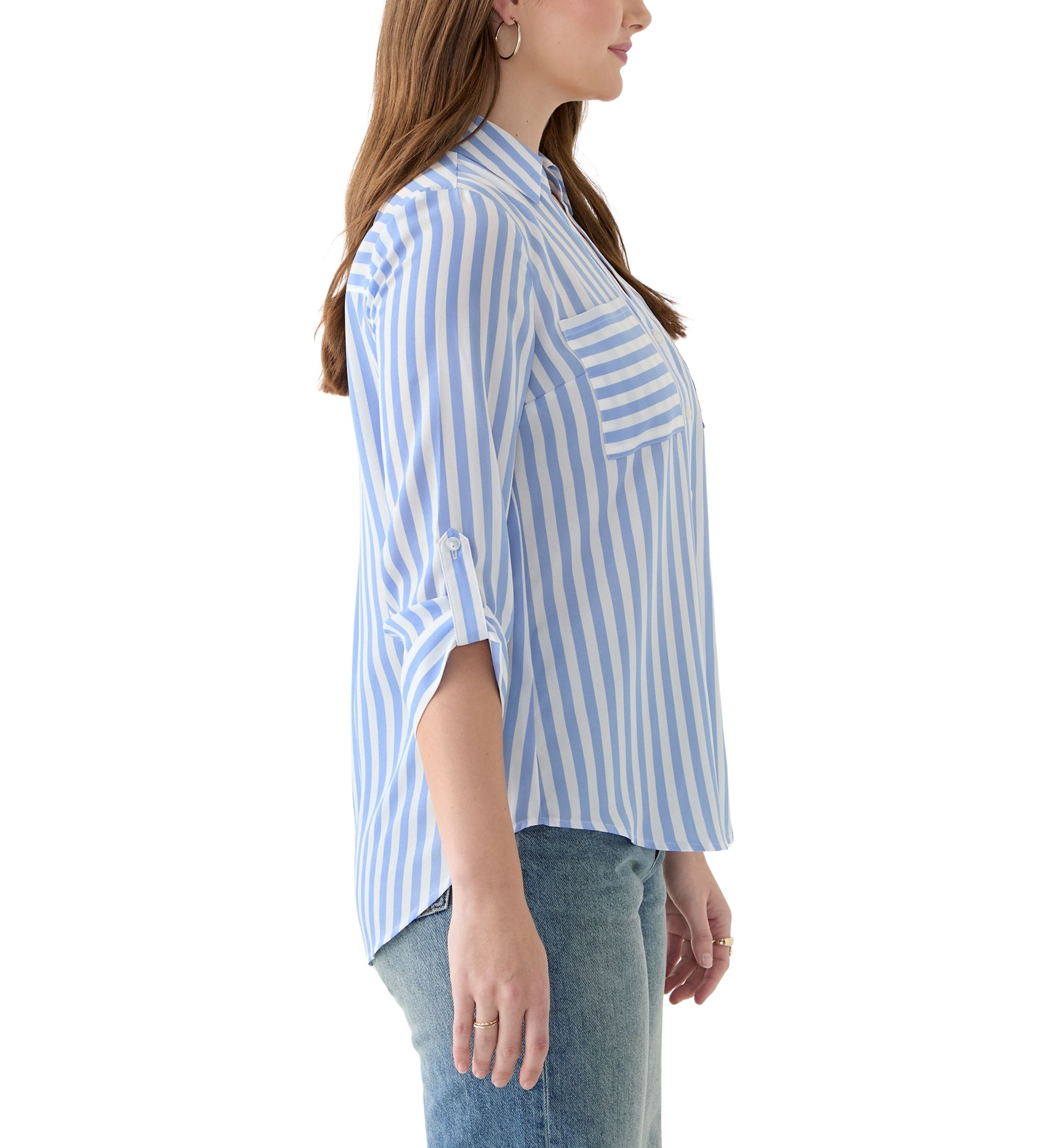 Womens 3/4 Sleeve Stripe Woven Shirt