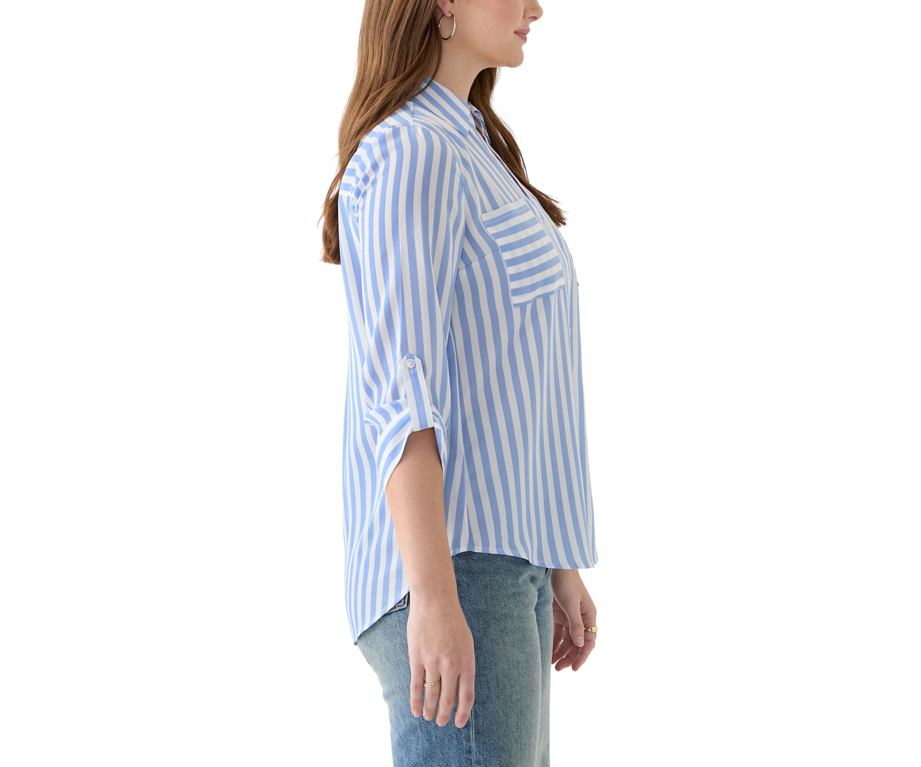 Juniors 3/4 Sleeve Stripe Woven Shirt