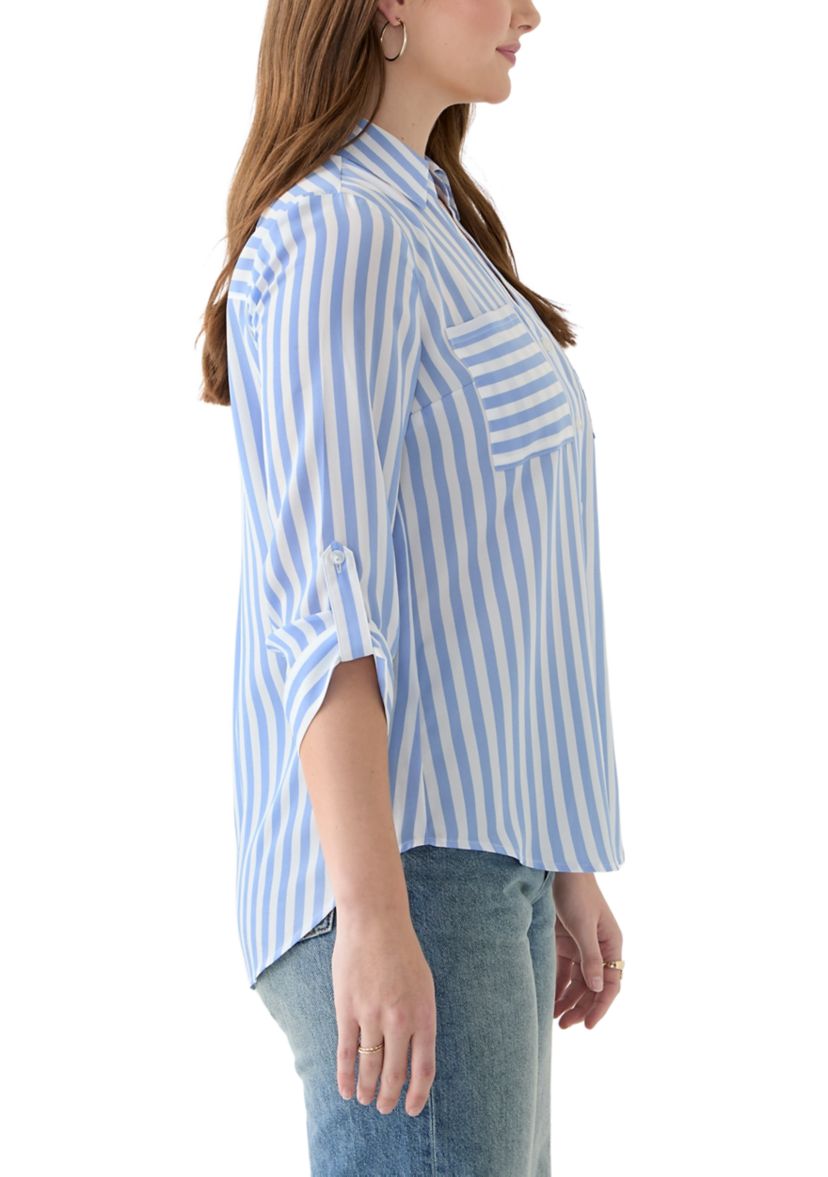 Juniors 3/4 Sleeve Stripe Woven Shirt