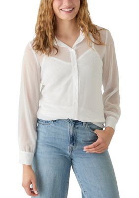 A. Byer Women's Chiffon Woven Button Down Shirt, White, Medium