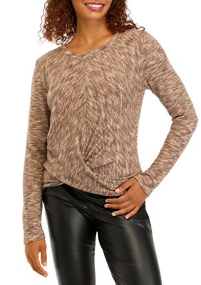 Juniors' Space Dye Fuzzy Knot Front Top