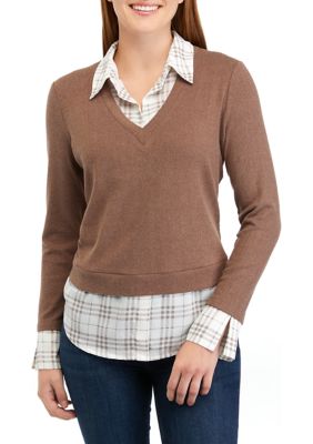 Juniors' Long Sleeve Ribbed Sweater with Plaid Woven Shirt