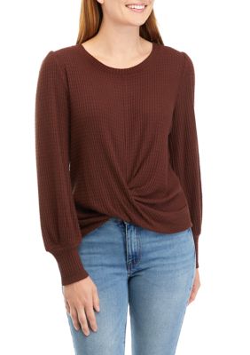 Juniors' Long Sleeve Solid Waffle Knot Front Top