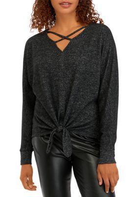 Juniors' Solid Fuzzy Tie Front Top