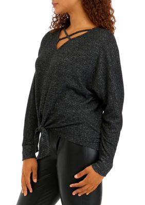 Juniors' Solid Fuzzy Tie Front Top