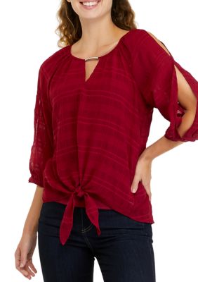 Women's 3/4 Sleeve Tonal Grid Tie Front Peasant Top