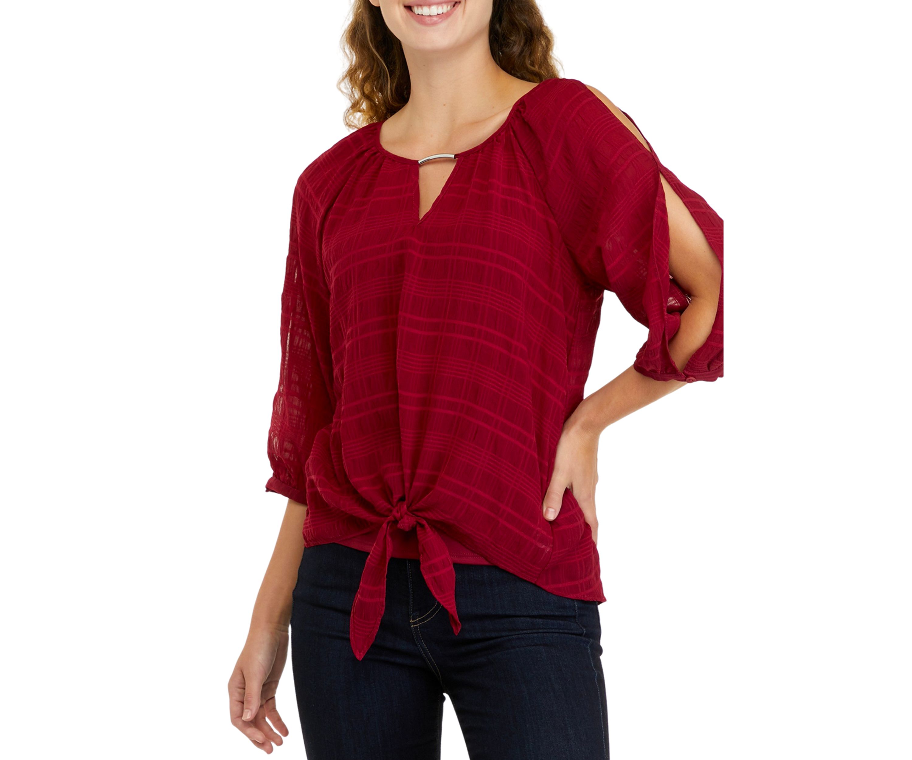 Womens 3/4 Sleeve Tonal Grid Tie Front Peasant Top