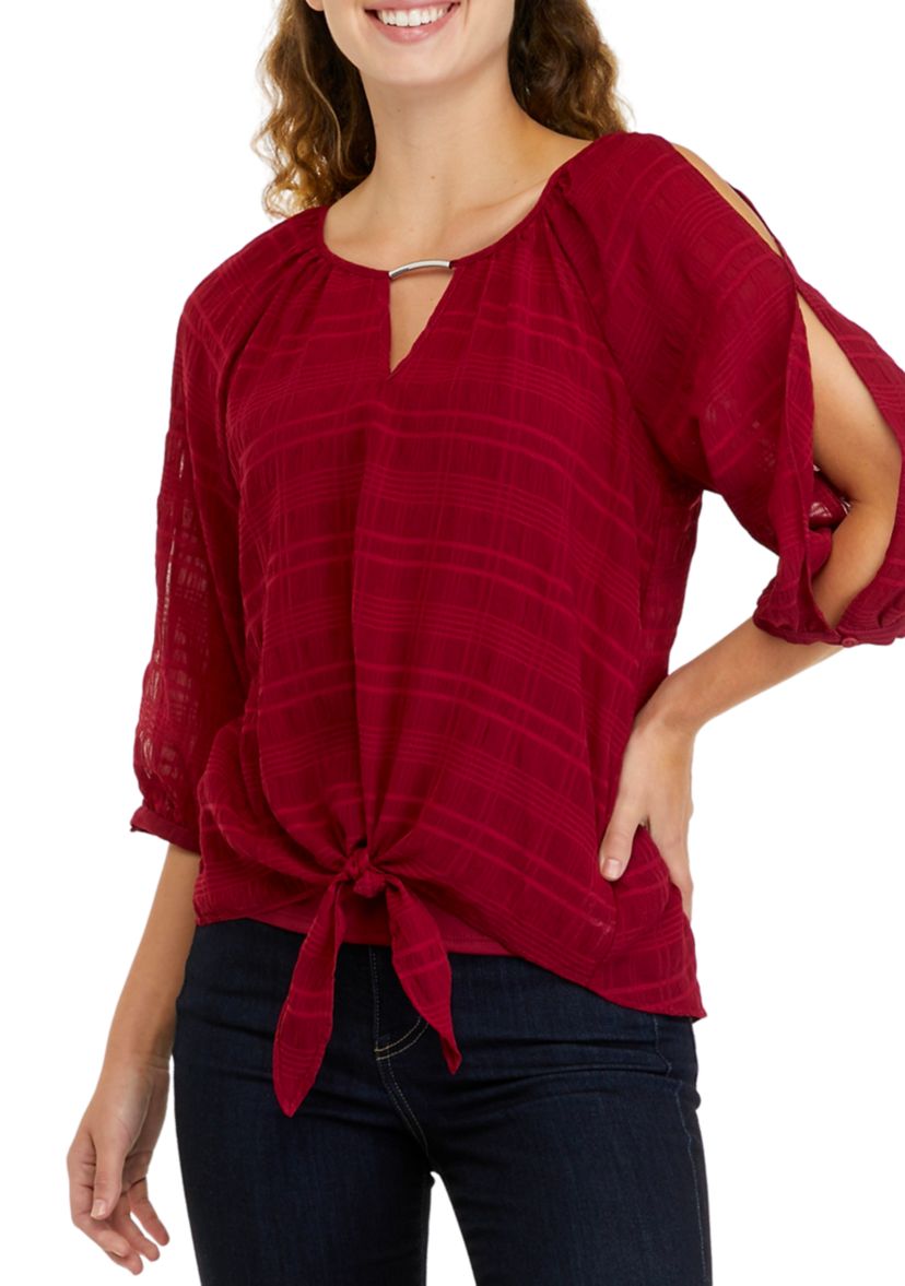 Womens 3/4 Sleeve Tonal Grid Tie Front Peasant Top