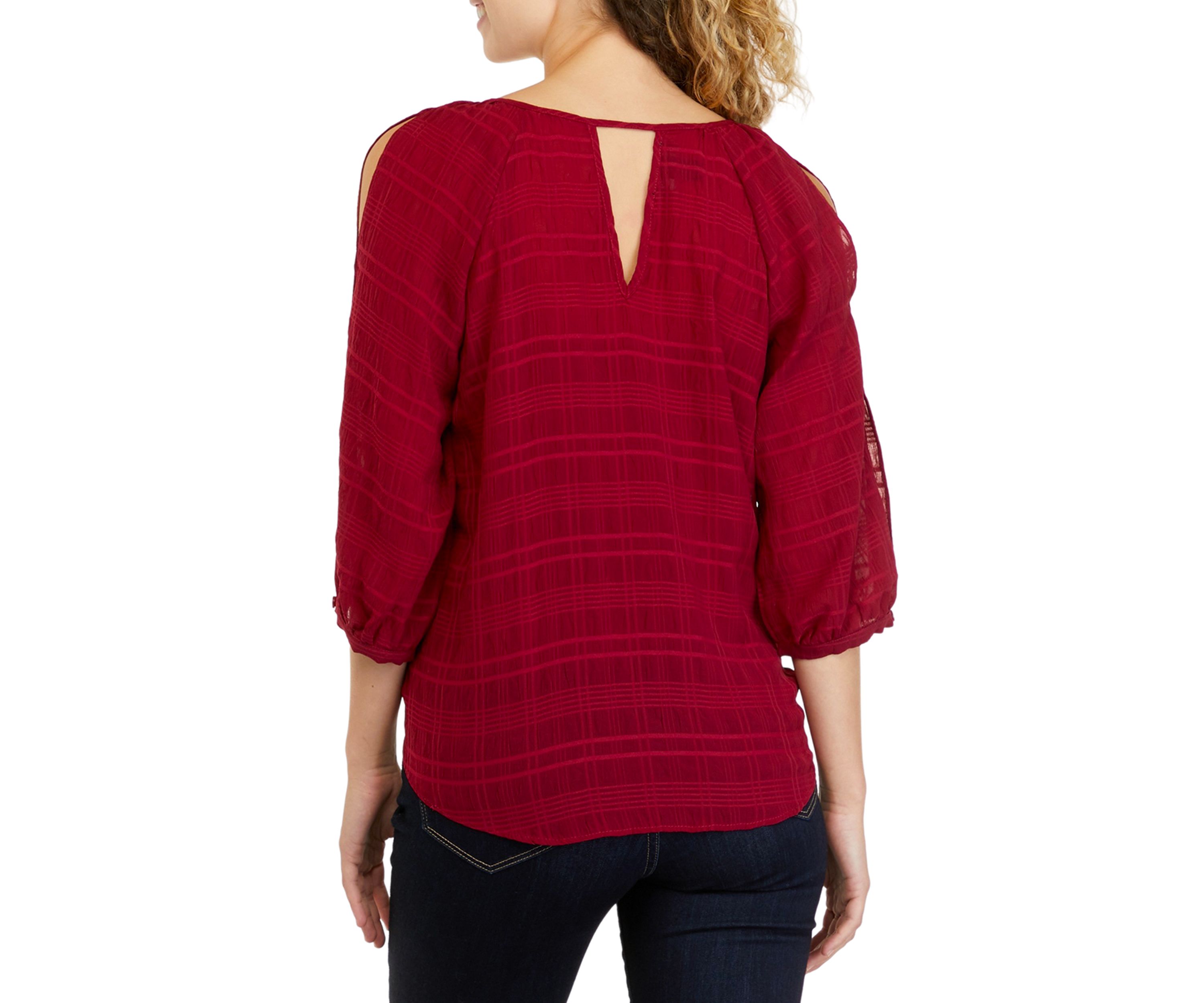 Womens 3/4 Sleeve Tonal Grid Tie Front Peasant Top