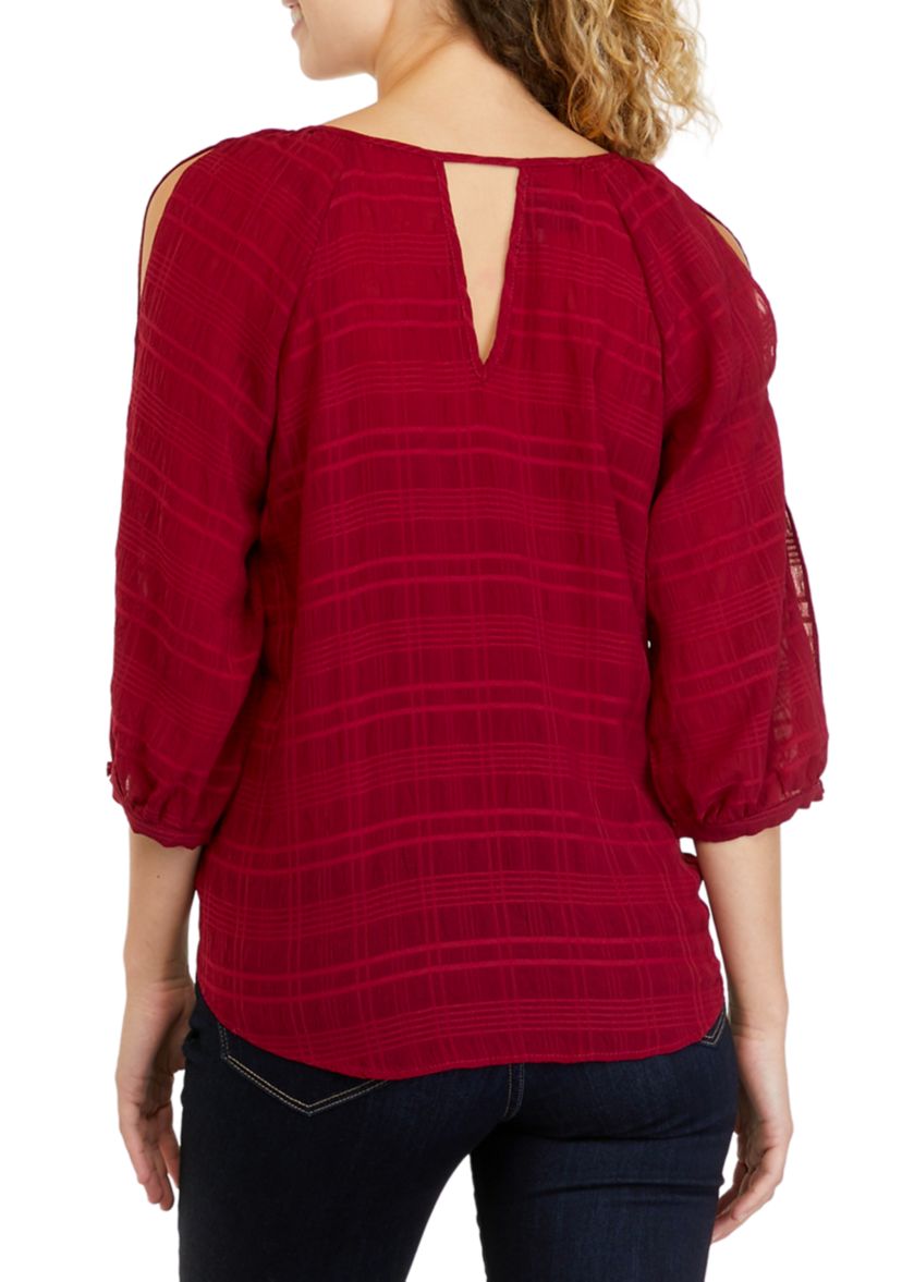Womens 3/4 Sleeve Tonal Grid Tie Front Peasant Top