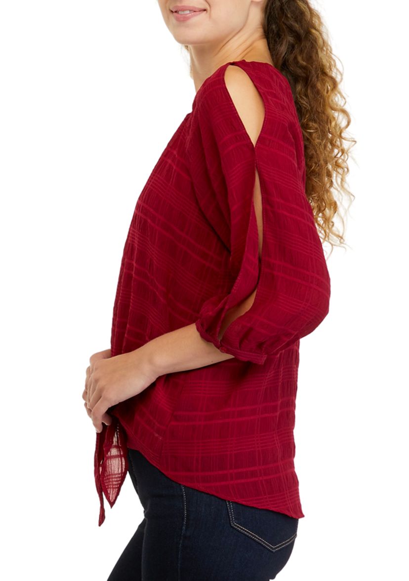 Womens 3/4 Sleeve Tonal Grid Tie Front Peasant Top