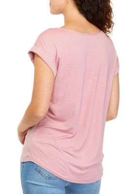 Women's Short Sleeve X-Front Knit to Woven Top