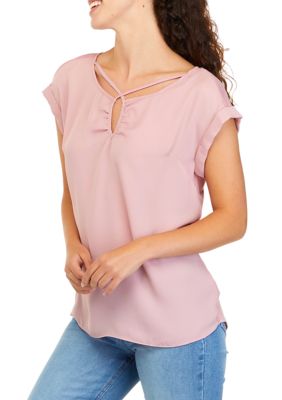 Women's Short Sleeve X-Front Knit to Woven Top