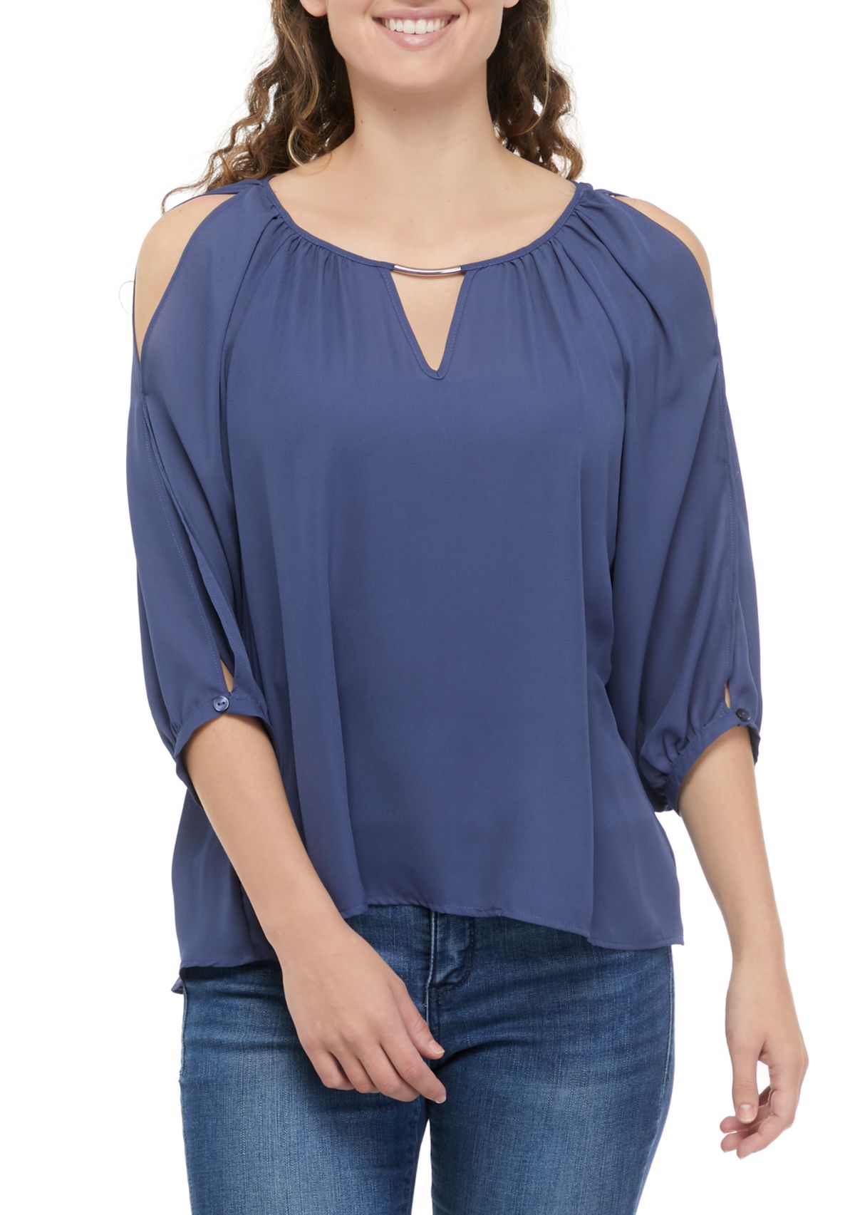 Juniors 3/4 Sleeve Keyhole Peasant Blouse
