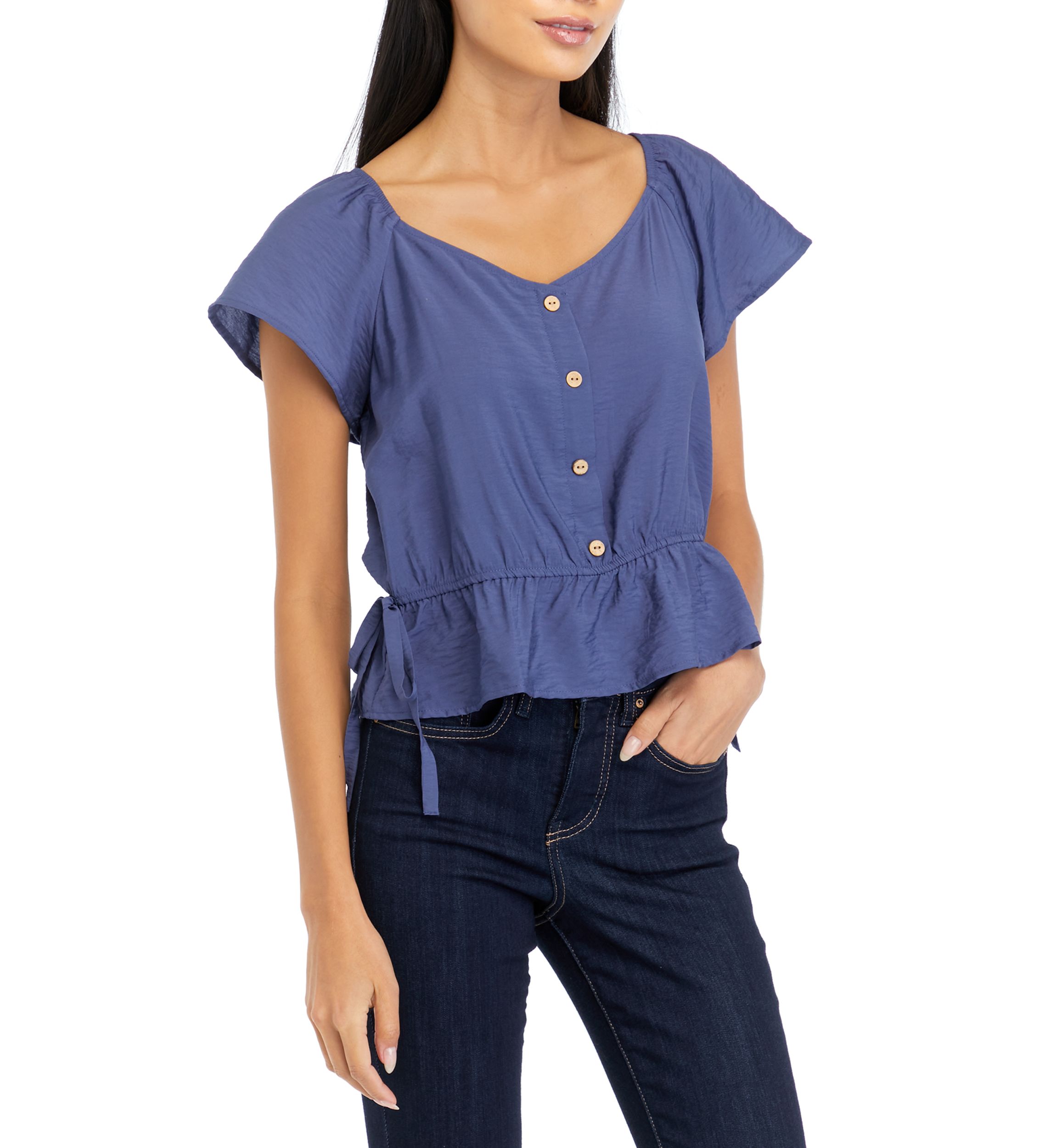Juniors Short Sleeve Woven Top