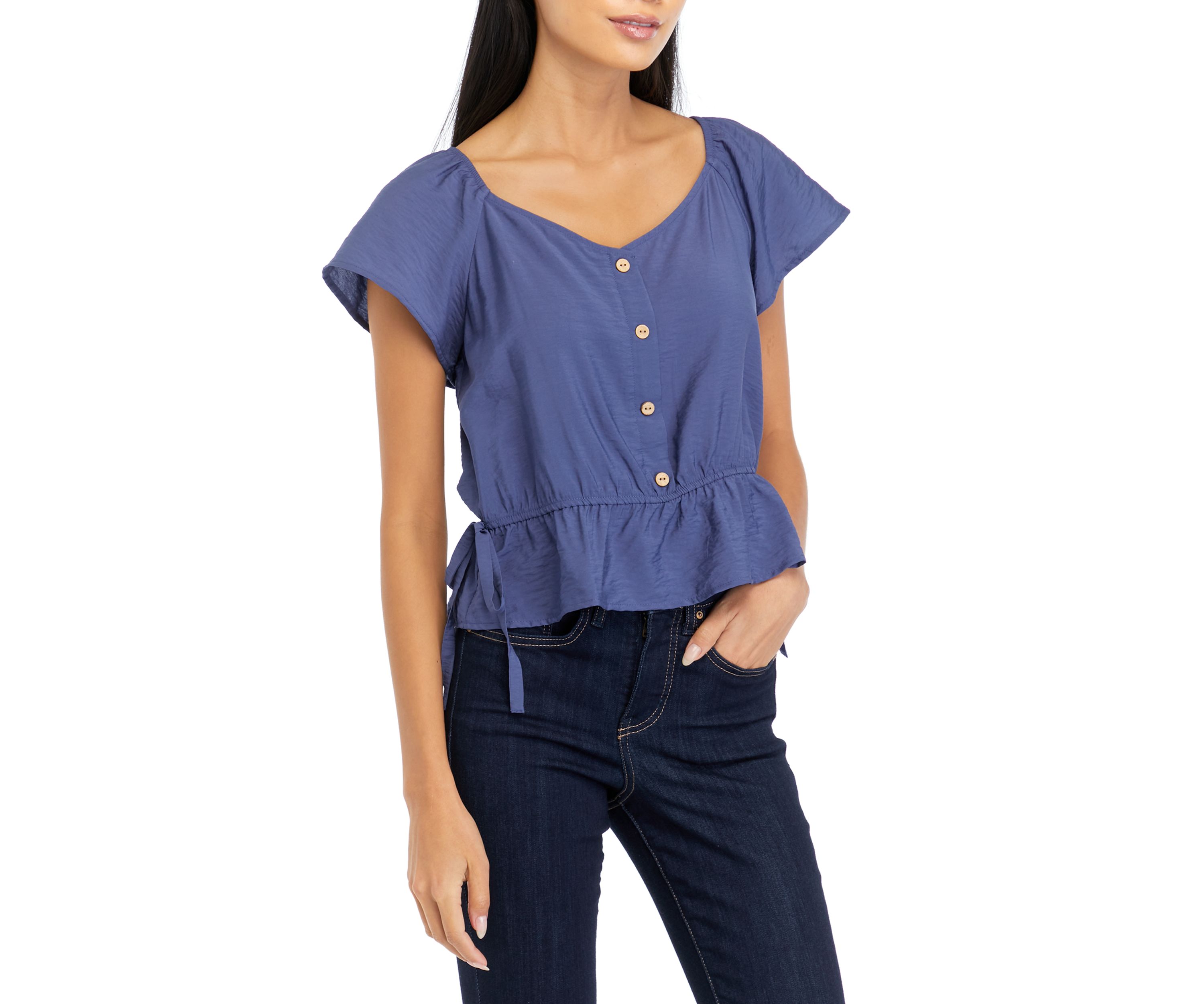 Juniors Short Sleeve Woven Top
