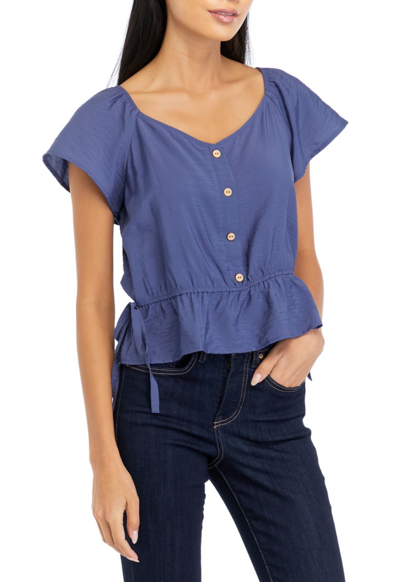 Juniors Short Sleeve Woven Top