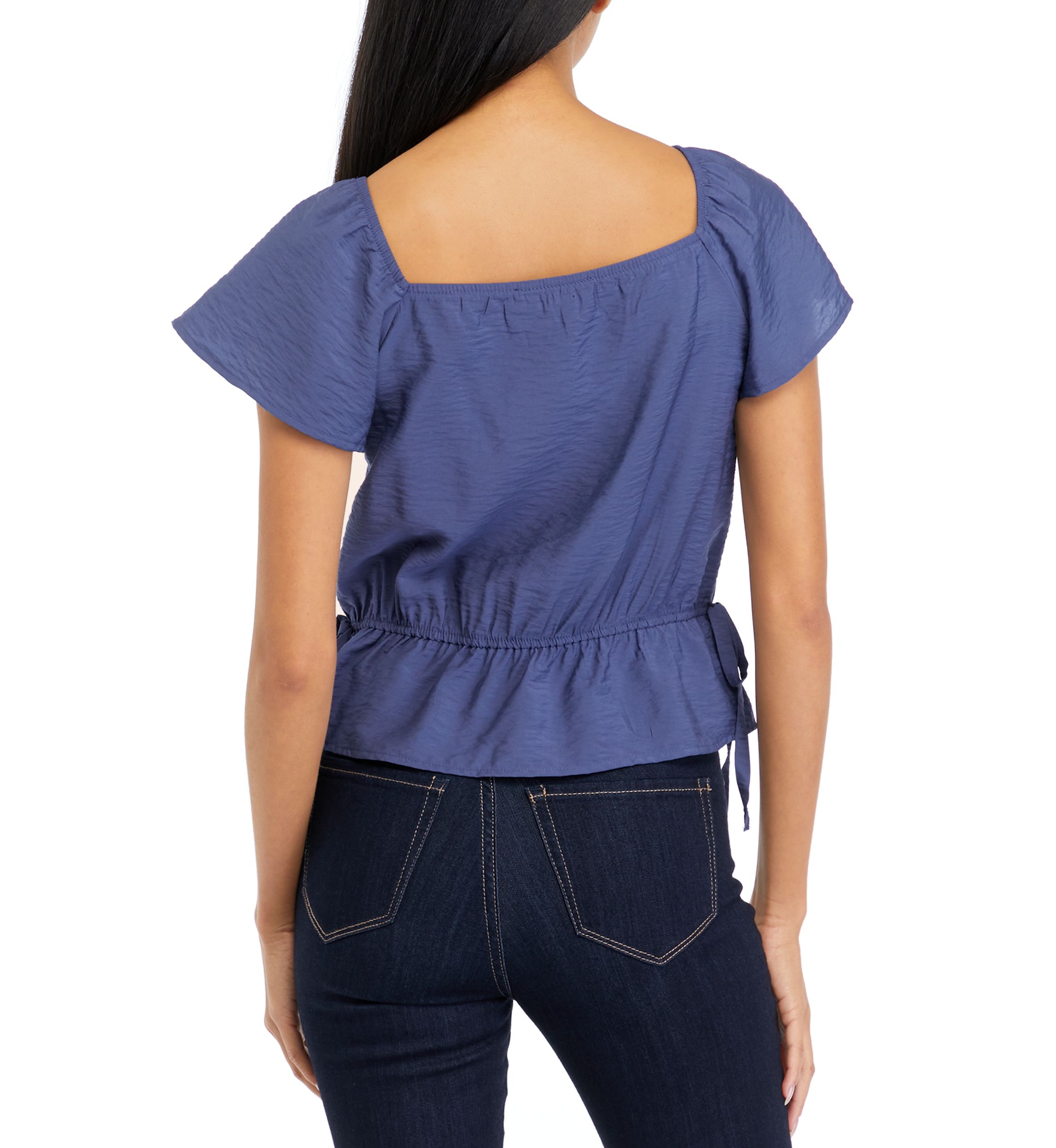 Juniors Short Sleeve Woven Top