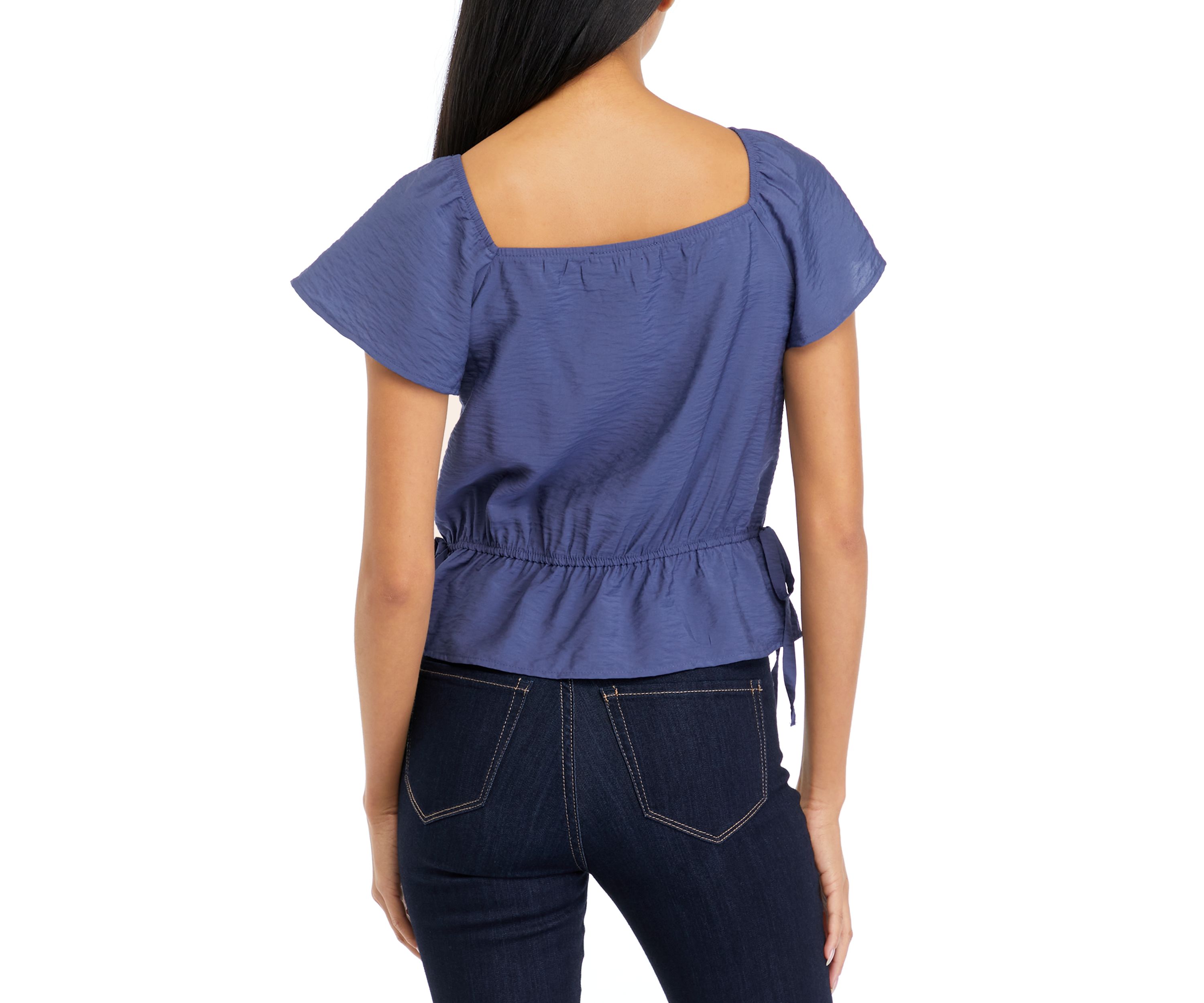 Juniors Short Sleeve Woven Top