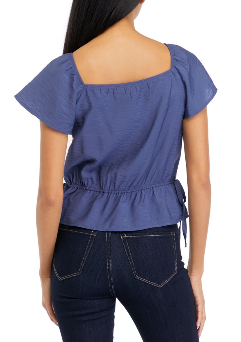 Juniors Short Sleeve Woven Top