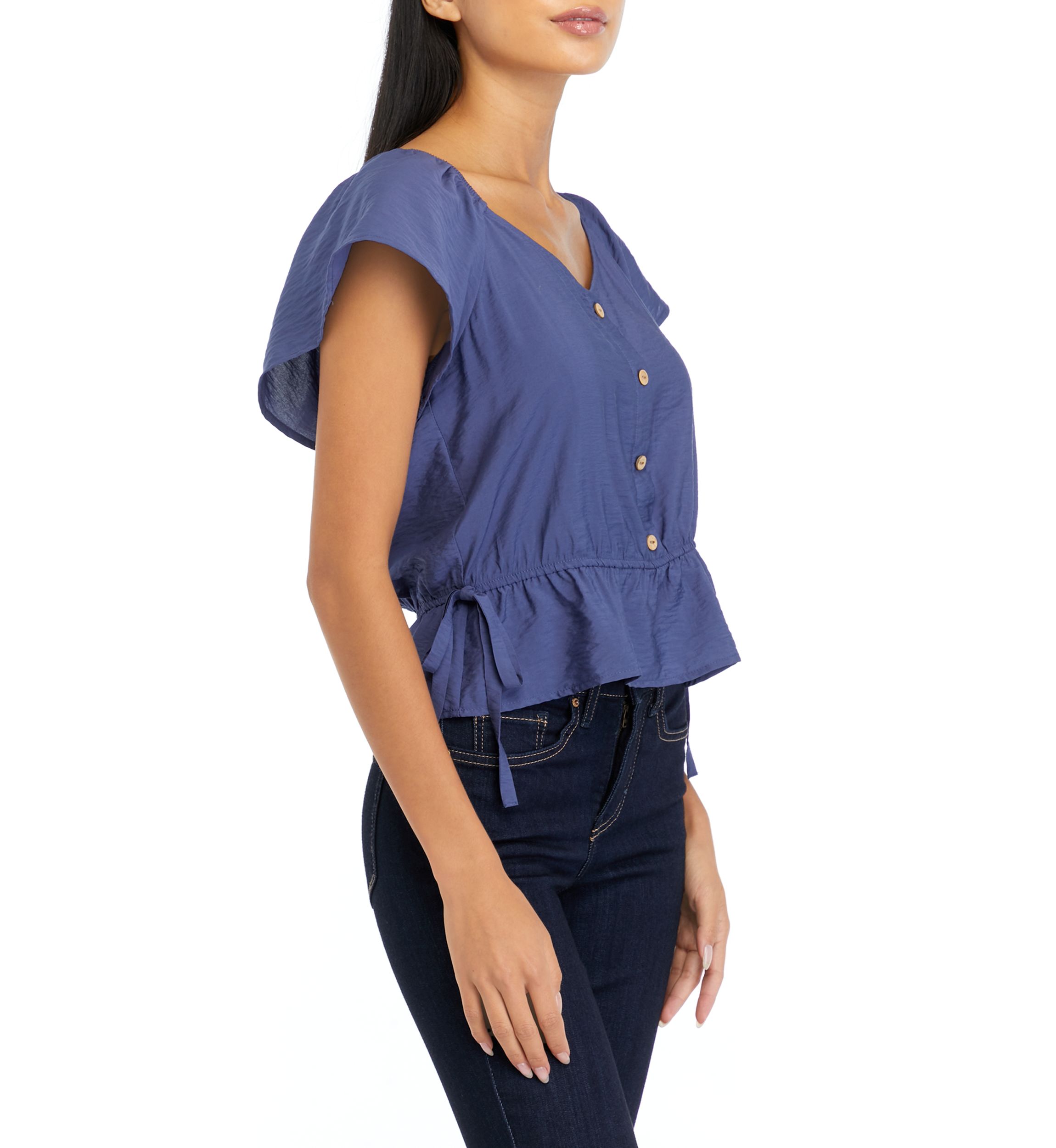 Juniors Short Sleeve Woven Top