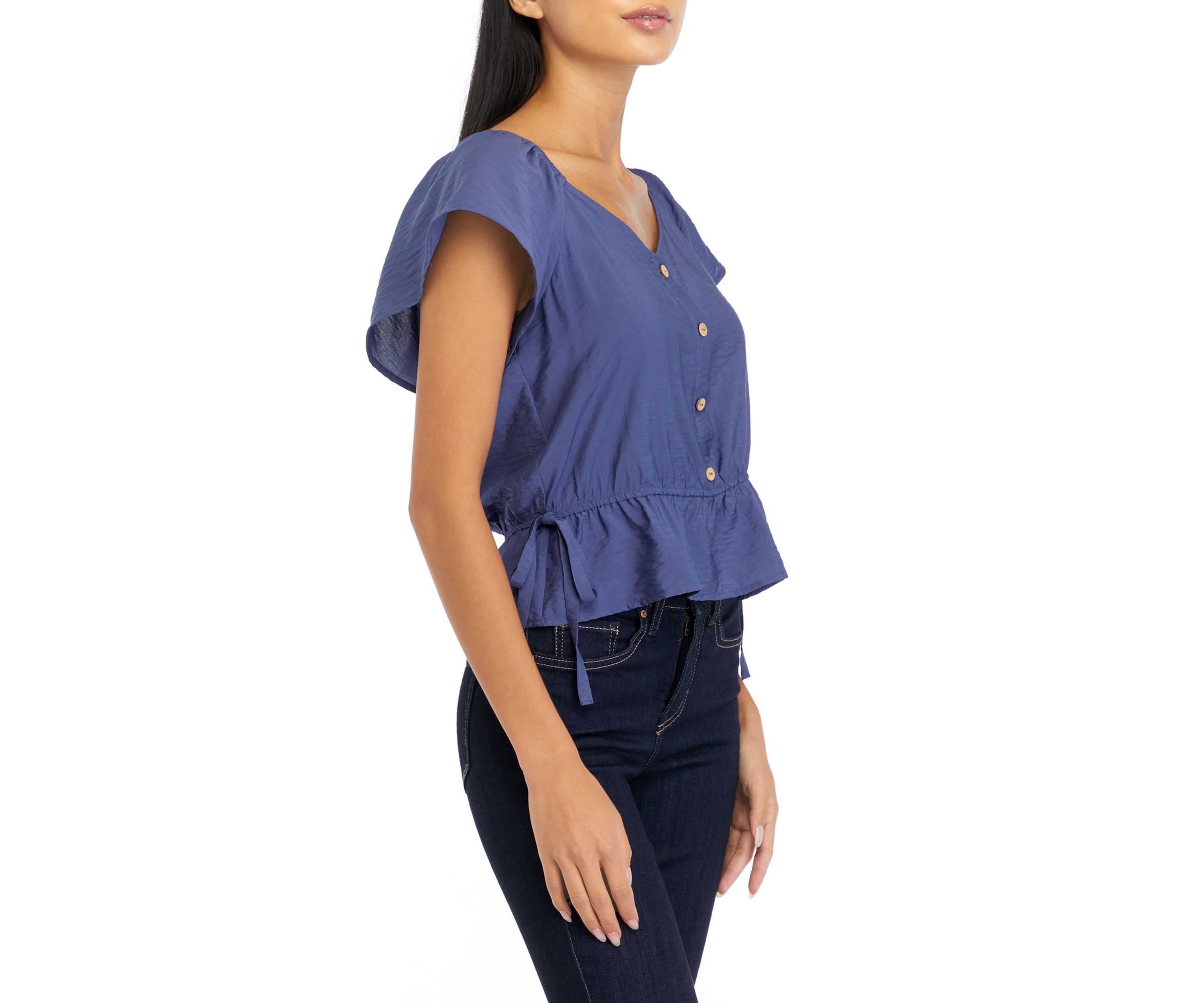 Juniors Short Sleeve Woven Top