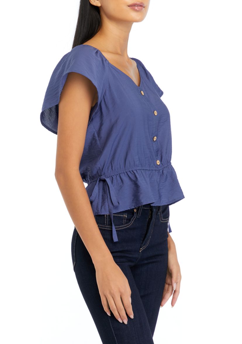 Juniors Short Sleeve Woven Top