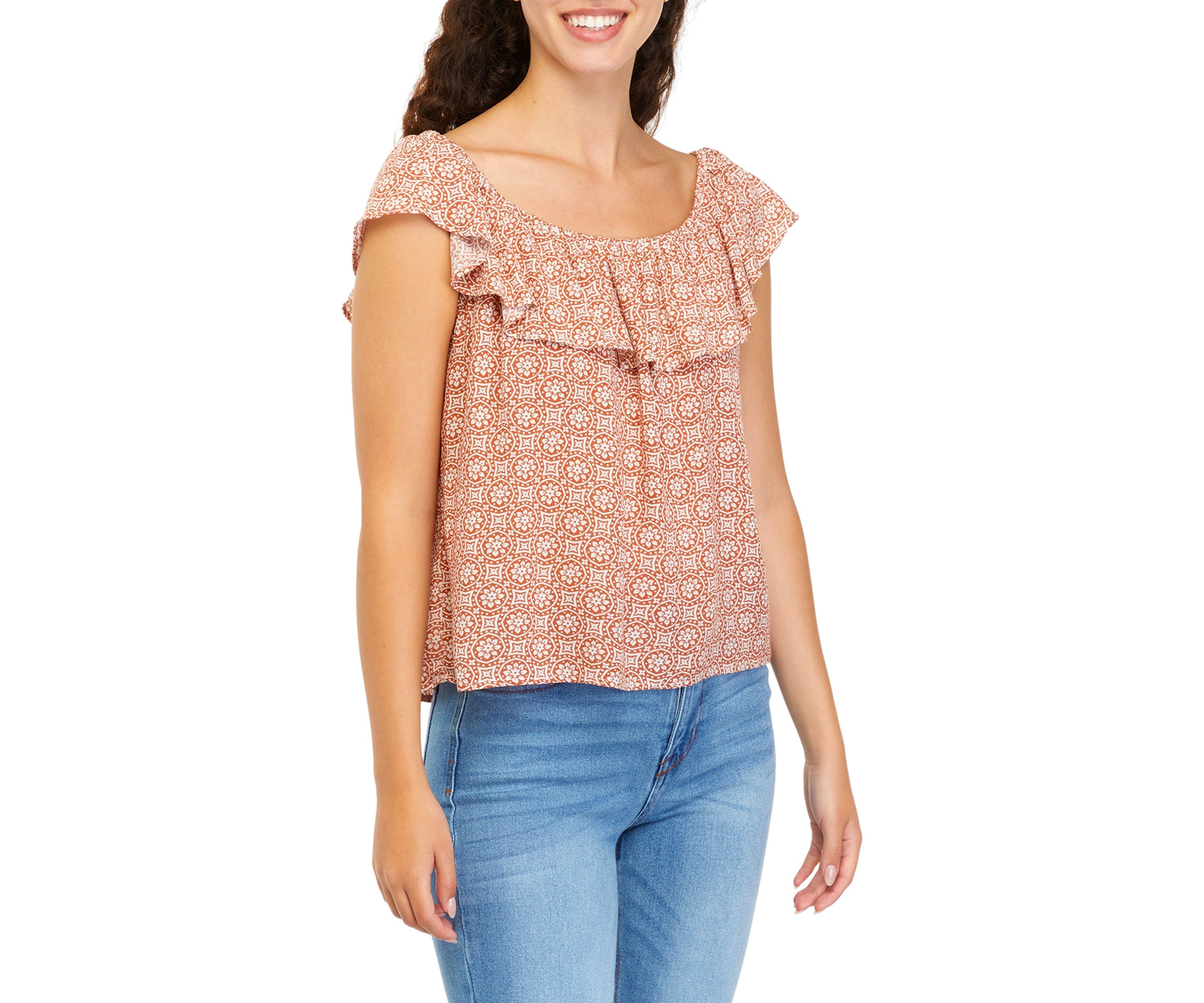 Juniors Flutter Sleeve Geometric Print Off the Shoulder Top