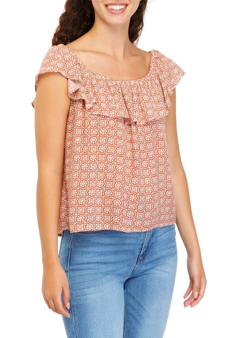 Juniors Flutter Sleeve Geometric Print Off the Shoulder Top