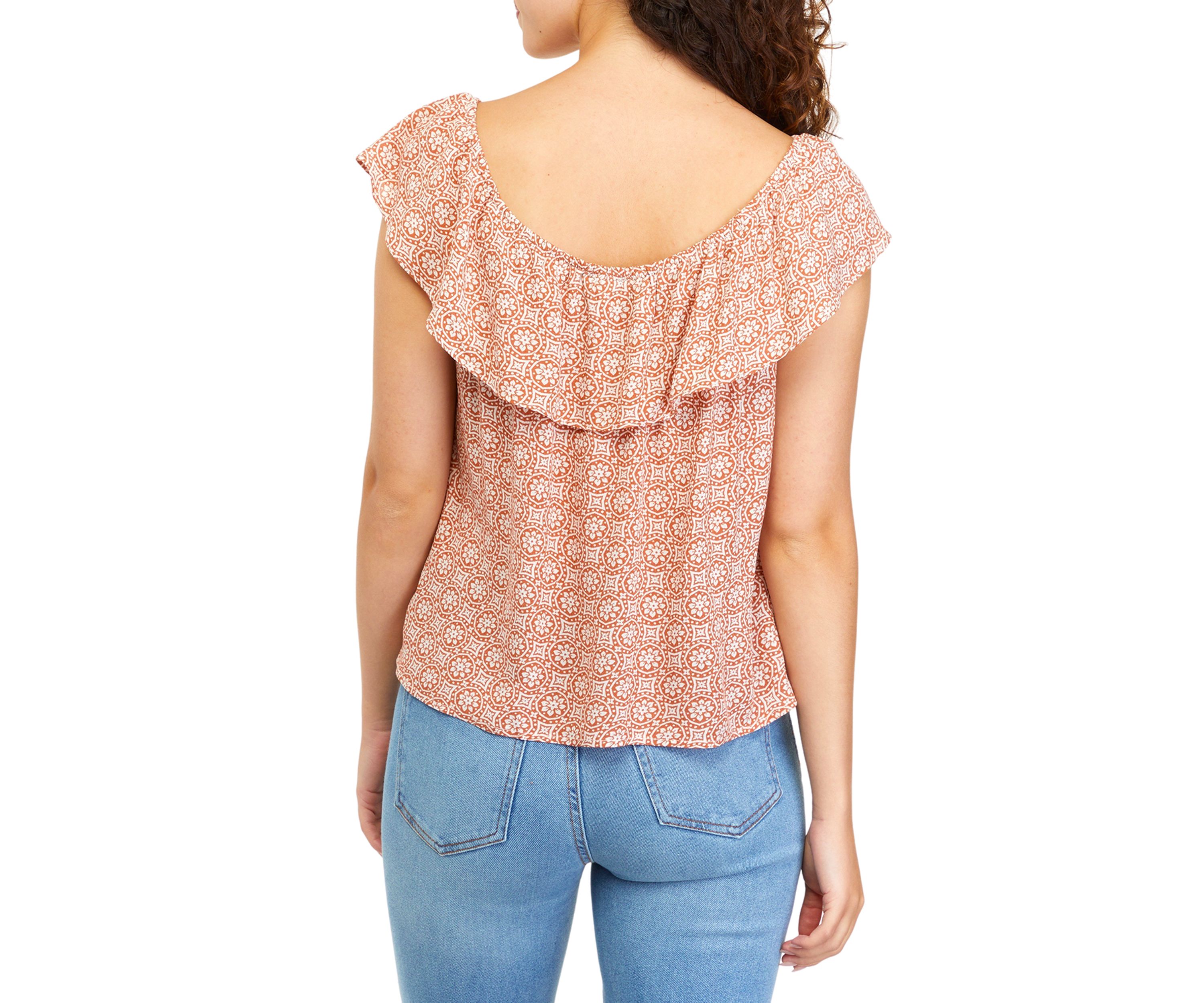 Juniors Flutter Sleeve Geometric Print Off the Shoulder Top