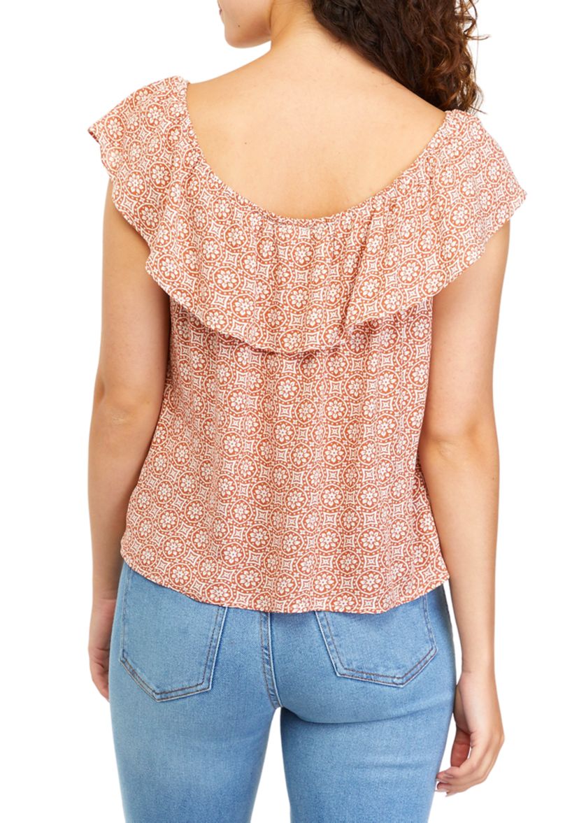 Juniors Flutter Sleeve Geometric Print Off the Shoulder Top
