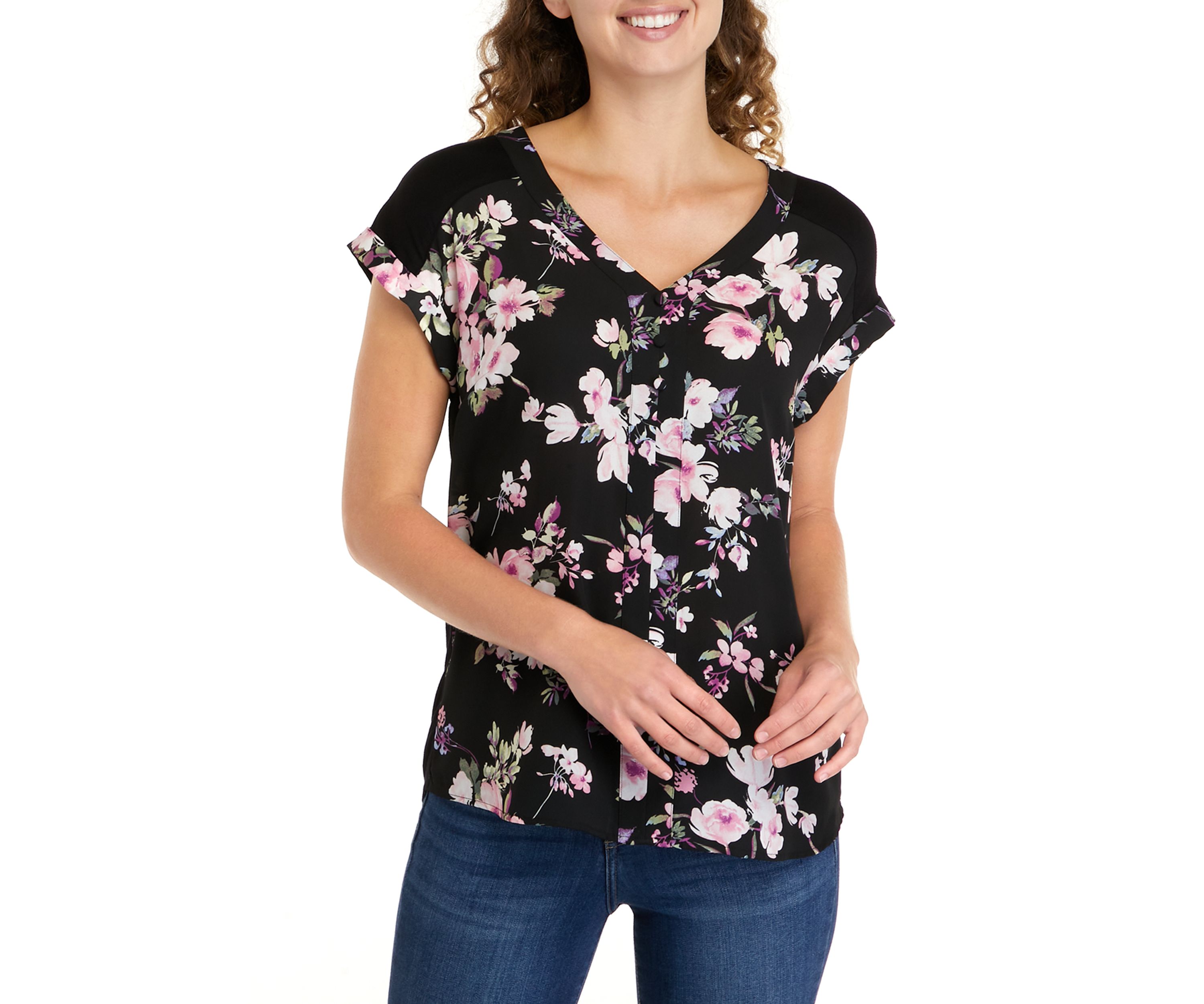 Juniors Floral Printed Top with Button Detail