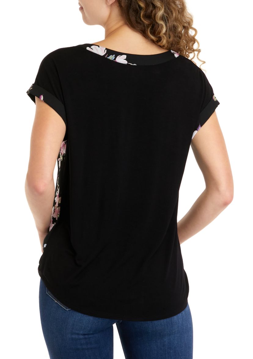 Juniors Floral Printed Top with Button Detail