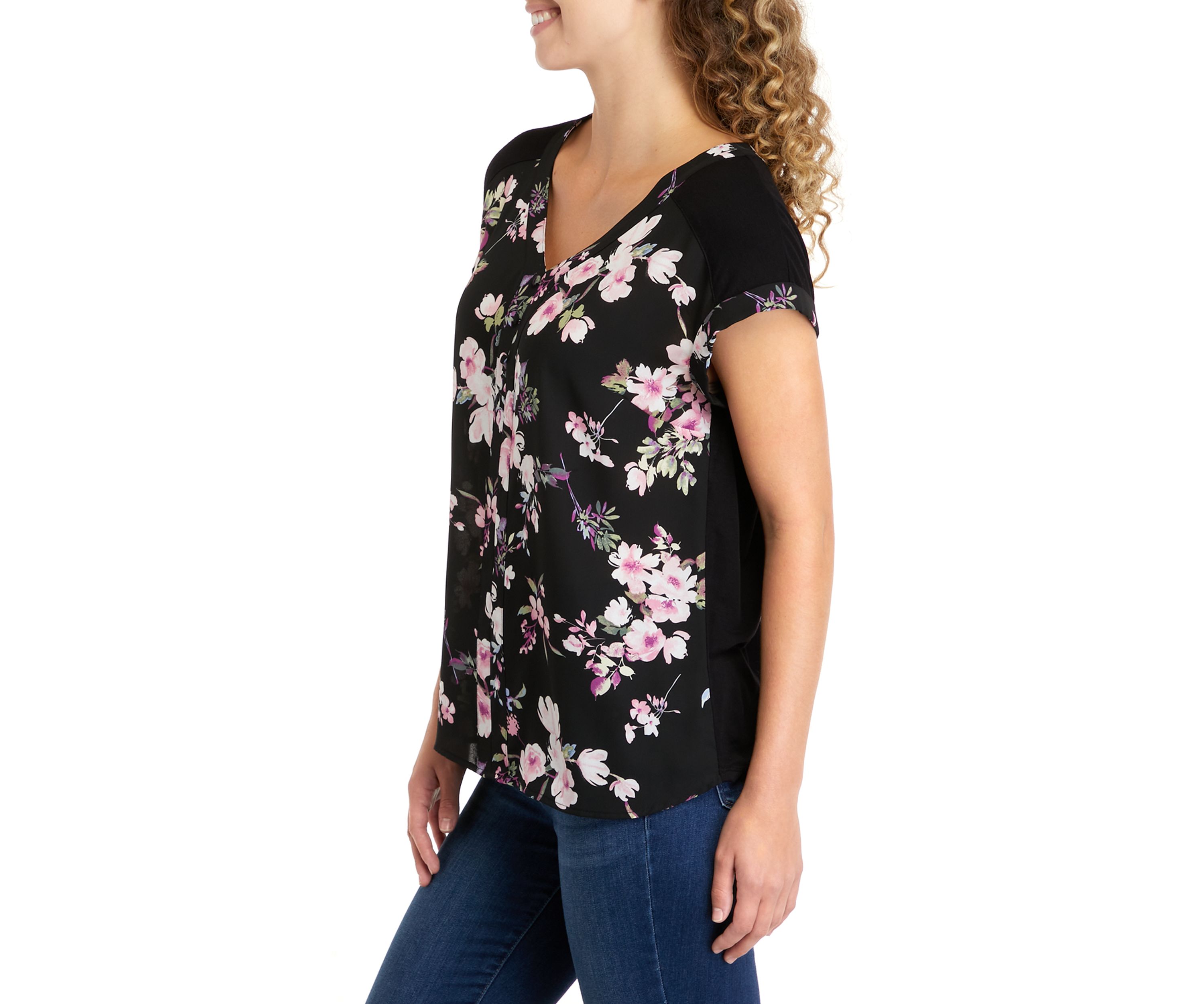 Juniors Floral Printed Top with Button Detail