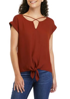 Juniors' Solid Knit Crisscross Neck Tie Front Top