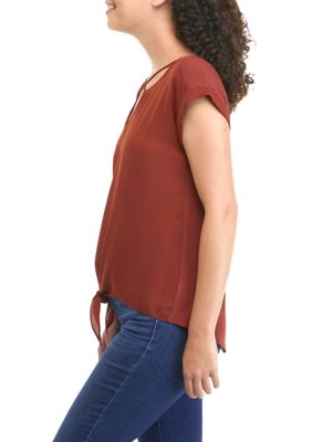 Juniors' Solid Knit Crisscross Neck Tie Front Top