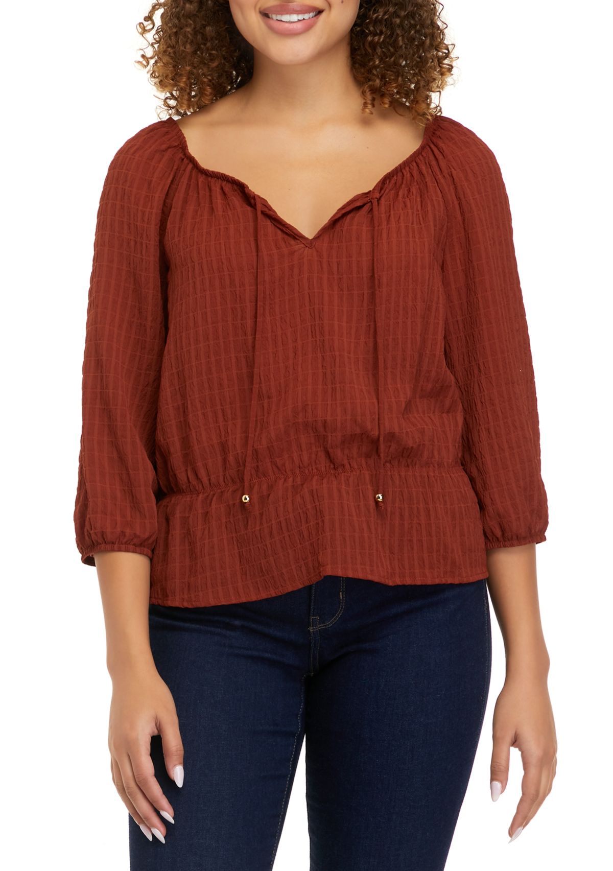Juniors 3/4 Sleeve Solid Texture Smocked Bottom Top